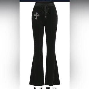 Women's Print Drawstring Waist Velvet Stretch Flare Bell Bottom Pants